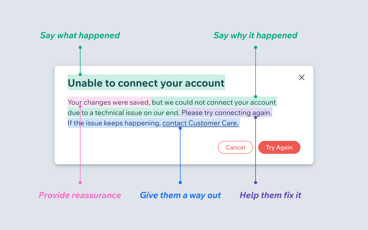 Example of a good error message showing the different parts of it