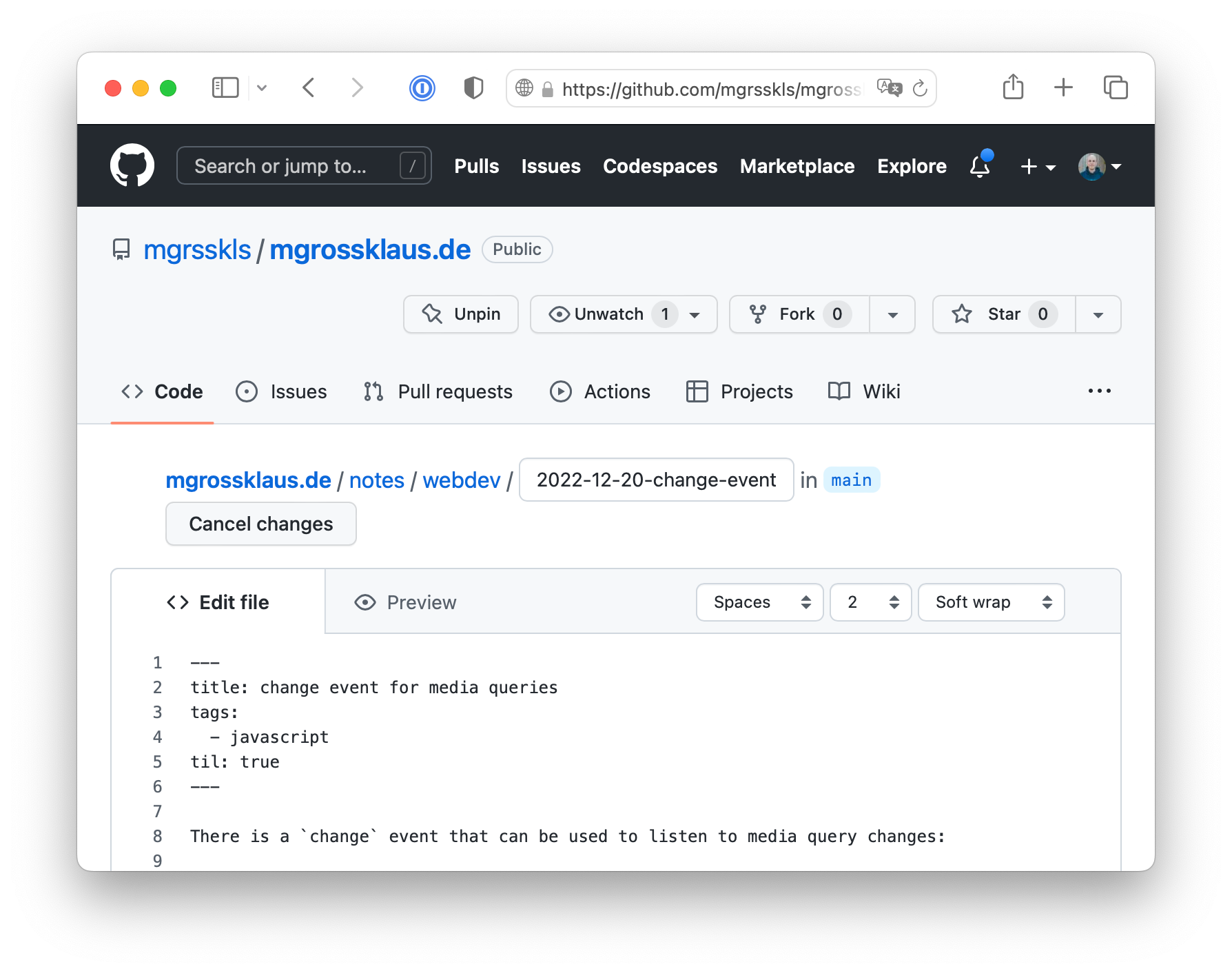 Screenshot of the GitHub Web UI when creating a new note