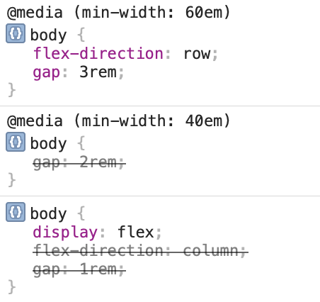 Screenshot of Safari devtools showing multiple striked through CSS declarations